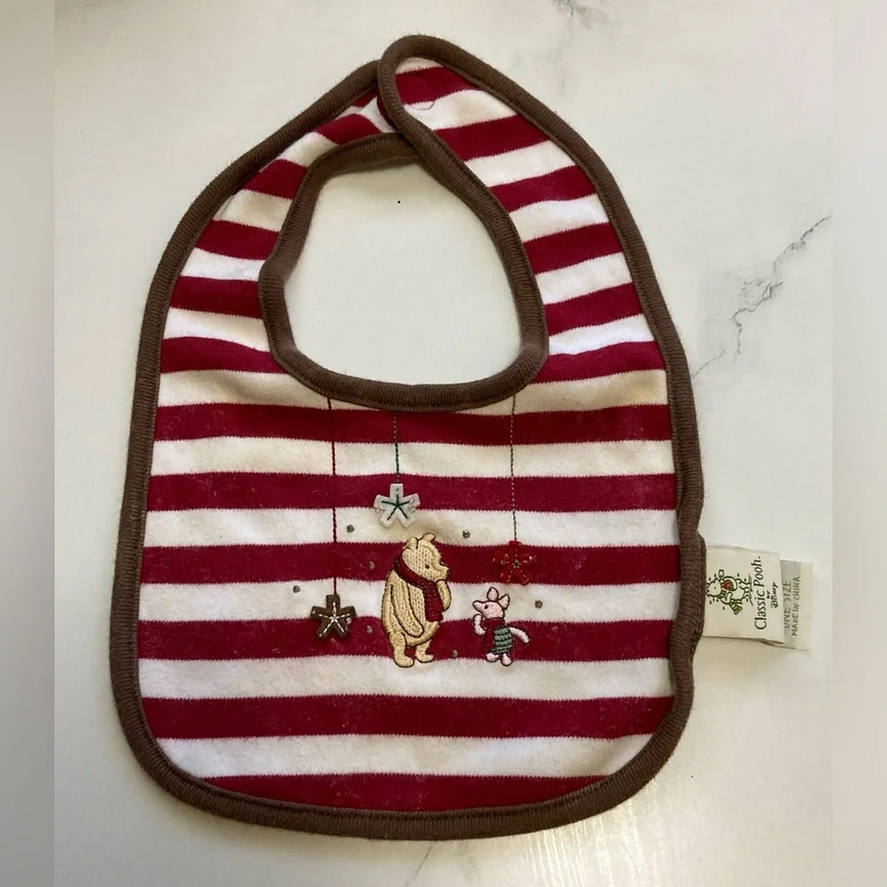 Winnie The Pooh Embroidered Striped Bib - Red and White